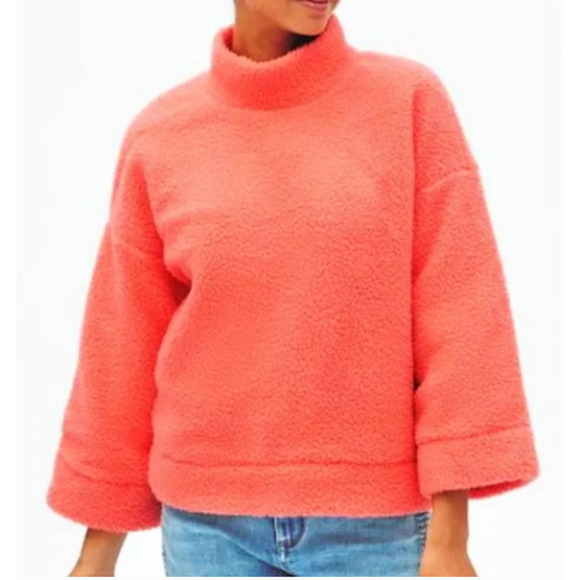 GAP Vibrant Coral Orange Boxy Pullover Sherpa Sweater Mock Neck Size S - Picture 1 of 5